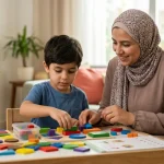 A mother helping her child focus through a structured play activity for children's attention problems at home.